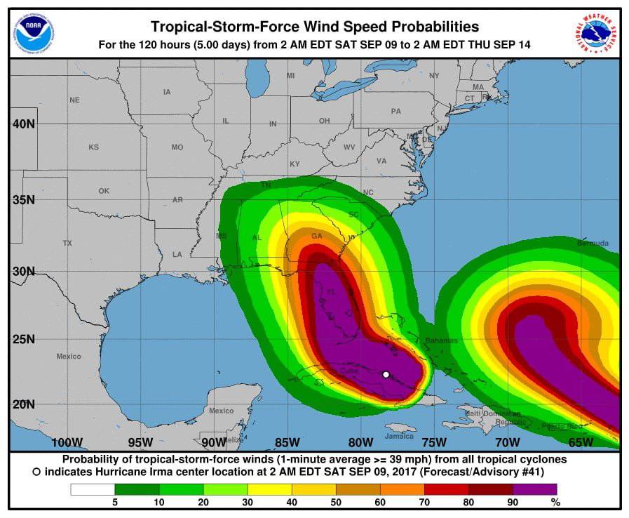 Đường đi và tốc độ gió của bão Irma